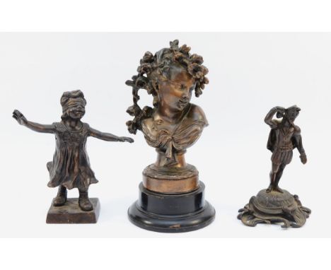 A bronze sculpture of a young girl playing Blind Man's Bluff, H-18cm, felt applied to the base, together with two additional 