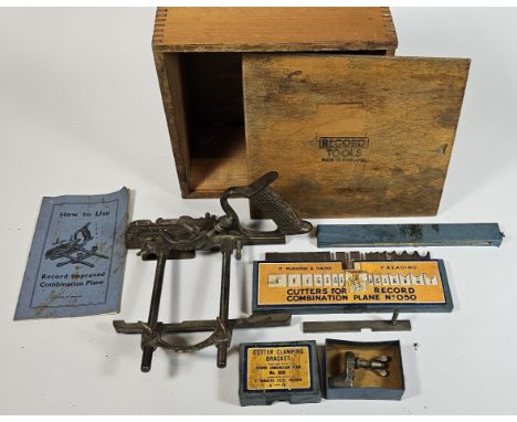 A Record 050 combination plane with boxed cutter and clamp, original box and instructions