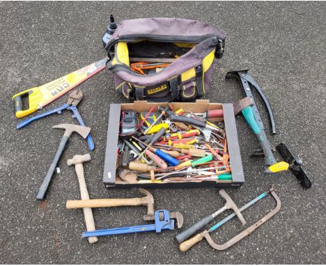 A collection of assorted hand tools, a Stanley tool bag and other related items.