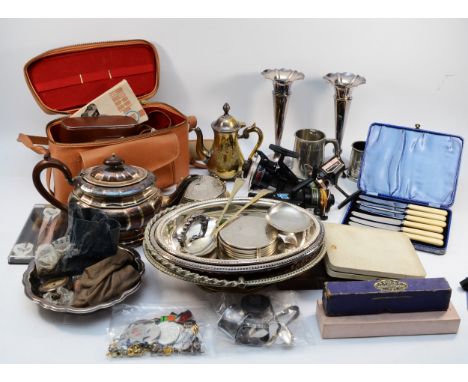 Three silver napkin rings, a silver pair of sugar tongs, a silver spoon, various medals, costume jewellery, coins, plated war