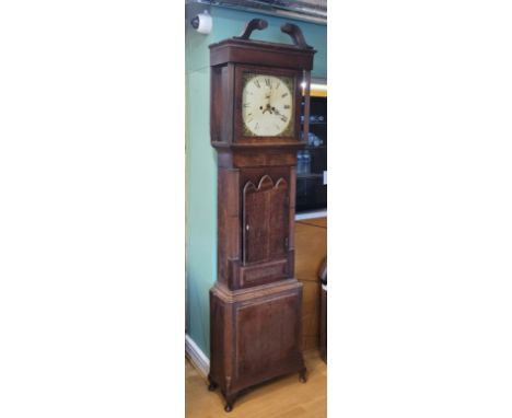 A Victorian oak and mahogany eight day longcase clock, 14" painted dial, striking on a bell, key, pendulum, one weight, 221cm