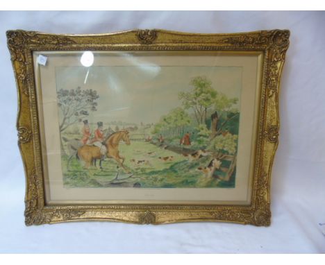 Elliott Ettwell watercolour of Chester and a hunting print Approx 17" x 13"