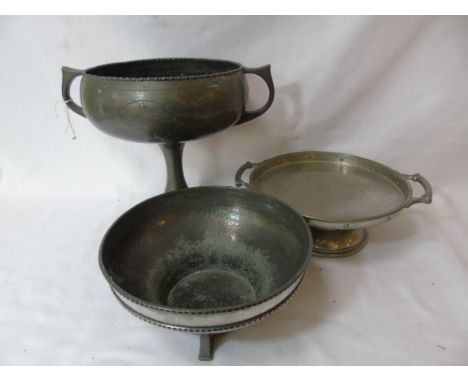 3 Pewter items - Art Nouveau bowl, comport and pedestal fruit bowl