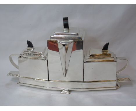 Plated art deco design 3 piece tea set on shaped base