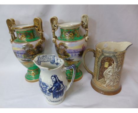 Pair of gilded decorated Noritake vases approx 12" tall together with a Royal Doulton Chaucer jug and a 3D Beswick Hamlet jug