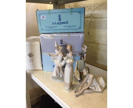 Three Lladro and one Nao china figures (with boxes).