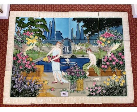 An early 20th century Japanese Majolica Tubelined tile panel by the Saji Tile Work Co., modelled as two female figures in a g