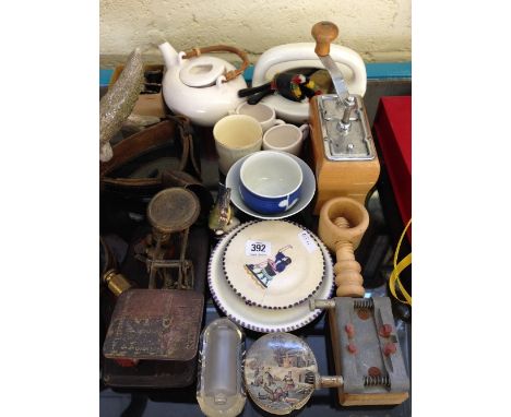 A collection of various china and other items including early 20th century postal scales and a 19th century pot lid.