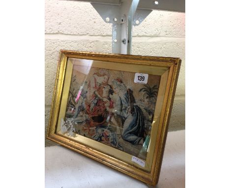 A gilt framed and glazed 19th century tapestry fragment: Biblical Scene.