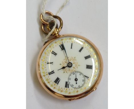 A 14 carat gold cased fob watch decorated with a blue violet (minor fault to enamel).

