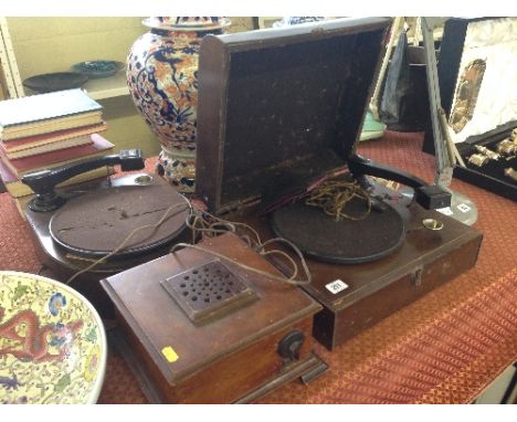 Two early 20th century wood cased record players together with an Ultrozone wood cased speaker.