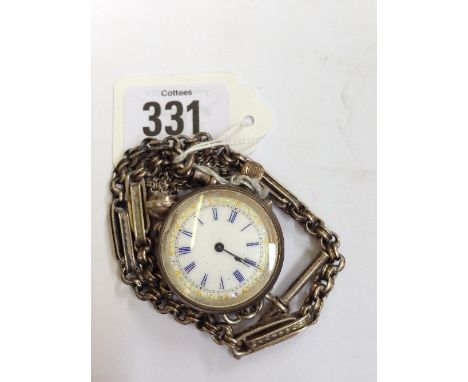 A ladies' silver plated open faced fob watch with enamel Roman dial on a silver metal Art Deco style chain (52 grams overall)