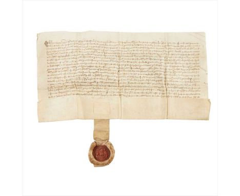 Scottish Charter - Dunbar Grant by George Dunbar, 11th Earl of March to Sir Patrick Dunbar of Bele of a Carucate of Land near