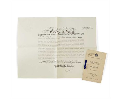 George VI (1895-1952), King of the United Kingdom Two signed items Dinner list 'On the Occasion of the Opening of the British