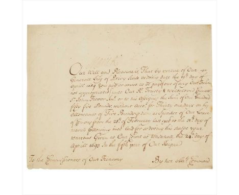 Mary II (1662-1694), Queen of England, Scotland &amp; Ireland Document signed Written in a secretarial hand, ordering the Com