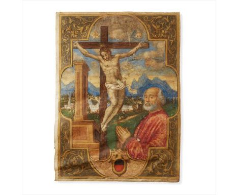 Illumination on vellum Christ on the Cross within a decorative cartouche, cut from a larger manuscript, Latin text on verso "