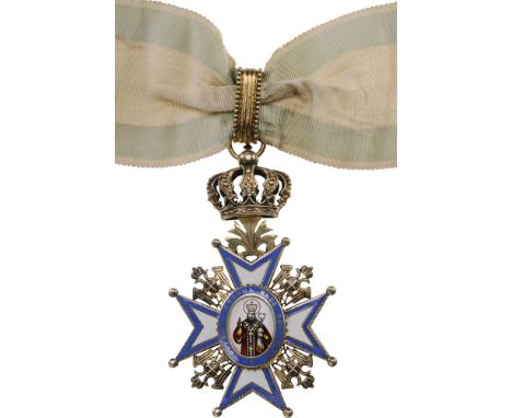 ORDER OF SAINT SAVA Grand Officer's Set, 2nd Type instituted in 1883. Neck Badge, 83x50 mm, gilt Silver, hallmarked, maker's 