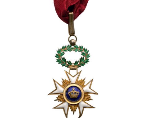 ORDER OF THE CROWN Commander’s Cross. Neck Badge, gilt Silver, 84x55 mm, both sides enameled, original wreath above,suspensio