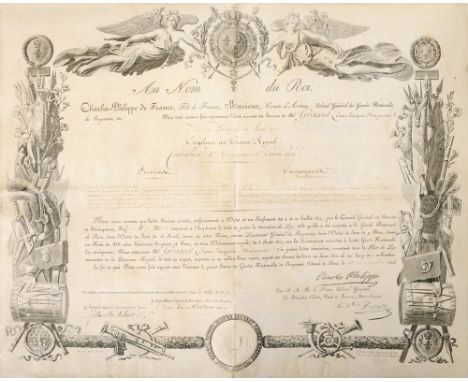 DECORATION OF THE LILY FOR THE NATIONAL GUARD OF PARIS, instituted in 1814 Awarding document 486x394 mm, dated 12th of Decemb