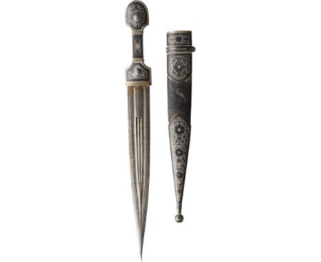 Caucasian Kinjal dagger, 19th Century Silver, hand made engraved wood and leather scabbard with silver ornaments very finely 