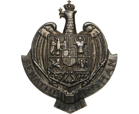  BADGE OF THE ROMANIAN SENATE Breast Badge, 60x50 mm, Silver, with large pin on reverse, I.M.S.P.R. 852. Scarce, superb dark 