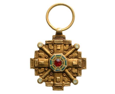 ORDER OF THE PILLARS OF STATE Miniature Cross, instituted in 1936. Breast Badge, 13 mm, gilt Silver, obverse partially enamel