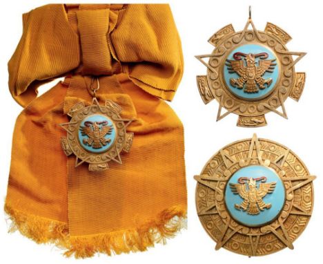 ORDER OF THE AZTEC EAGLE Grand Cross Set, instituted in 1933. Sash Badge, 61 mm, gilt Silver, enameled, long original sash. B