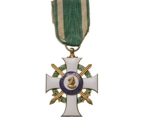 ORDER OF ALBERT THE VALOROUS Knight's Cross, 2nd Class with Swords, 2nd Type (young portrait type), instituted in 1850. Breas
