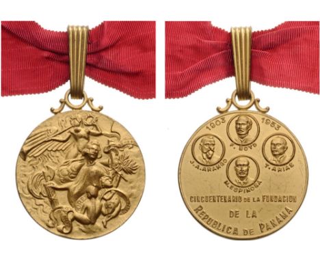 MEDAL OF THE 50TH ANNIVERSARY FOR THE INDEPENDENCE OF PANAMA, INSTITUTED IN 1953 Neck Badge, gilt bronze, 50 mm, with suspens