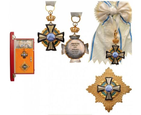 ORDER OF NJEGOS Grand Cross Set. Sash Badge, 80x55 mm, gilt Silver, original sash. Breast Star, 88 mm, gilt Silver, superimpo