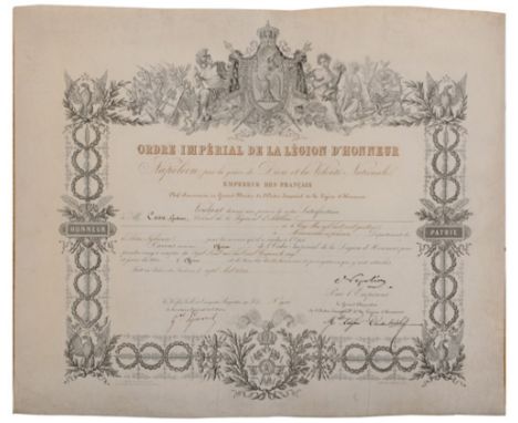 ORDER OF THE LEGION OF HONOR Diploma for an Officer’s Cross of the Order awarded to a French Colonel, 2nd Empire, 4th Class, 