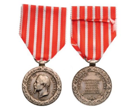 Italy Campaign Medal, instituted in 1859 Breast Badge, Silver, 30 mm, signed Barre, with suspension ring and ribbon, named on