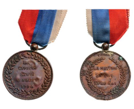 Revolutionary Life Saving Medal, 11th of August 1790, Var Department Breast Badge, patinated Copper, 33 mm, with suspension r