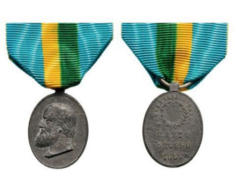 Rare MattoGrosso Medal for the Troops, instituted in 1867 Breast Badge, 28.5x20 mm, Zinc, obverse Pedro II to the left, the r