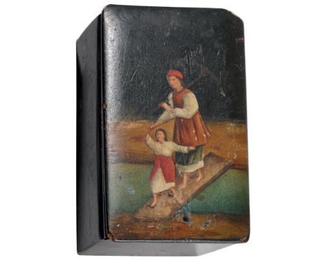 Rectangular case for a deck of playing cards Lacquered wood, scene on the lid "Crossing of the river", opening with hinge, re