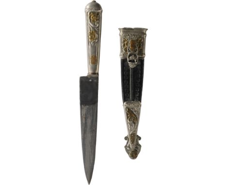 Lot 2 vintage Gaucho daggers with scabbards First dagger: Leather scabbard with embossed alpaca floral ornaments, alpaca grip