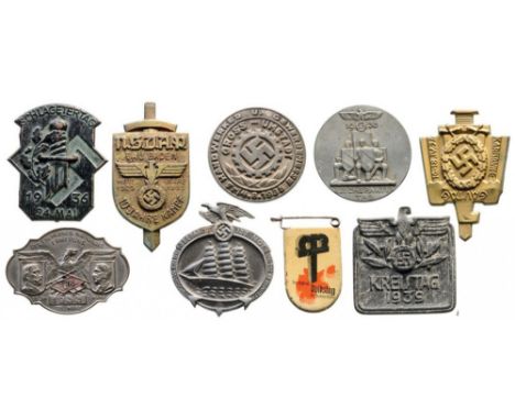 Lot of 9 Day Badges Reichspartei Tag 1936, Gautag Karlsruhe 1937, Wolkstag der Inneren Mission, Kreistag 1939, Schlagertag 19