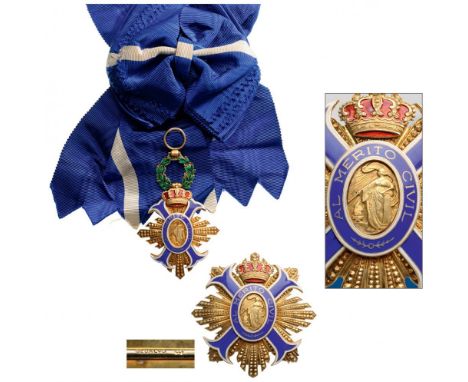 ORDER OF CIVIL MERIT Grand Cross Set, 1st Class, instituted in 1926. Sash Badge, 76x49 mm, gilt Silver with diamond cut rays,