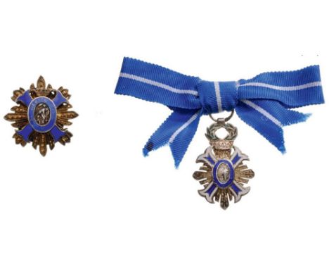 ORDER OF CIVIL MERIT Grand Officer’s Miniature Set. Neck Badge, Silver, enameled, original suspension ring and ribbon for lad