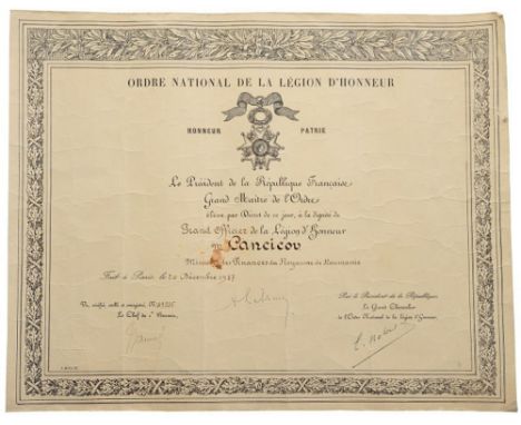 ORDER OF THE LEGION OF HONOR Grand Officer Awarding Document, 3rd Republic (1870-1947), 2nd Class, instituted in 1802. 434x34