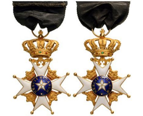 ORDER OF THE NORTHERN STAR Knight's Cross, 4th Class, instituted in 1748. Breast Badge, 57x37 mm, GOLD, approx. 15 g., both s