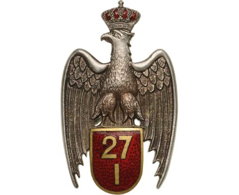 Regimental Badge "27th Infantry Regiment" Breast Badge, Silver, 56x35 mm, one side enameled, multipart construction, with lar