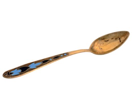 Silver gilt and enamel tea spoon. Bowl of the spoon in form of pear, Spatula decorated with twocolored enameled geometrical m