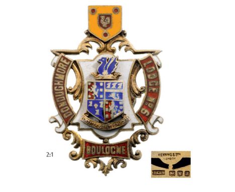 British "Boulogne" Lodge Medal Breast Badge, gilt Silver, 43x29 mm, obverse enameled, reverse plain, maker’s mark "Kenning&So