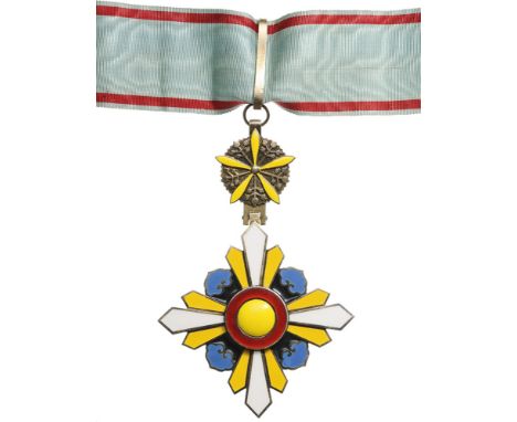 ORDER OF THE AUSPICIOUS CLOUDS 3rd Class, instituted in 1936. Neck Badge, 95x63 mm, gilt Silver, one side enameled, original 