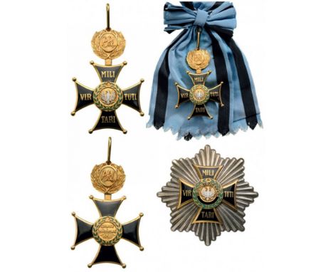 ORDER OF VIRTUTI MILITARI Grand Cross Set, 1st Class, instituted in 1919. Sash Badge, 67 mm, gilt Bronze, both sides enameled
