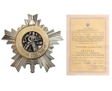 ORDER OF THE PEOPLE’S ARMY Silver Star and Diploma of the Order awarded to a Yugoslav Citizen, 3rd Class, instituted in 1952.