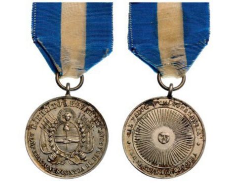 Paraguyan War Medal, instituted in 1866  Breast Badge, silver, 27 mm, original suspension ring and ribbon. Nice and rare old 