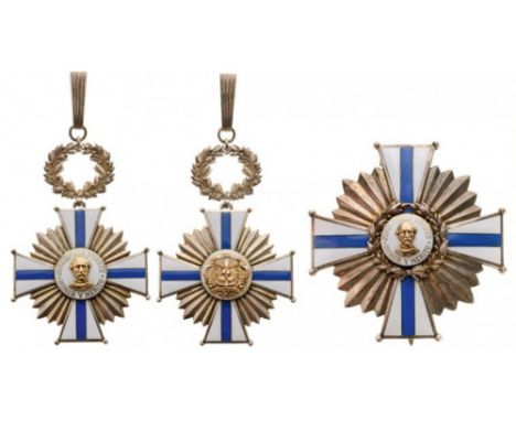 ORDER OF JUAN PABLO DUARTE Grand Cross with Silver Star Set, instituted in 1931. Sash Badge, 51 mm, Silver, both sides enamel