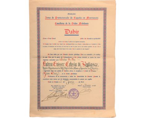 ORDER OF THE MEDHAUIA Diploma for a Grand Cross of the Order awarded to an Italian Diplomat, 1st Class, instituted in 1926. 4